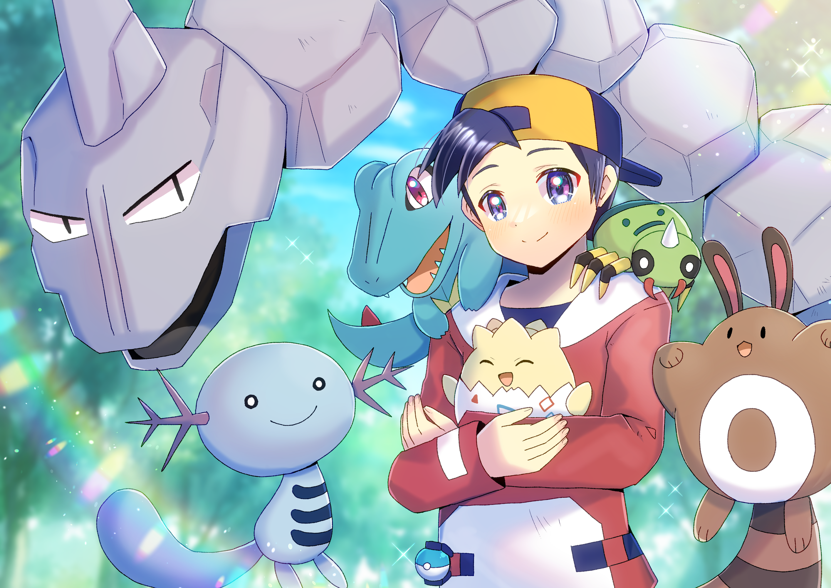 kou hiyoyo, ethan (pokemon), onix, sentret, spinarak, togepi, totodile, wooper, nintendo, pokemon, pokemon gsc, commentary request, commission, highres, pixiv commission, 1boy, :d, ^ ^, backwards hat, baseball cap, black hair, black shirt, blue eyes, blurry, blurry background, closed eyes, closed mouth, depth of field, gen 1 pokemon, gen 2 pokemon, hat, jacket, long sleeves, looking at viewer, open mouth, outdoors, pokemon (creature), red jacket, shirt, smile, yellow hat