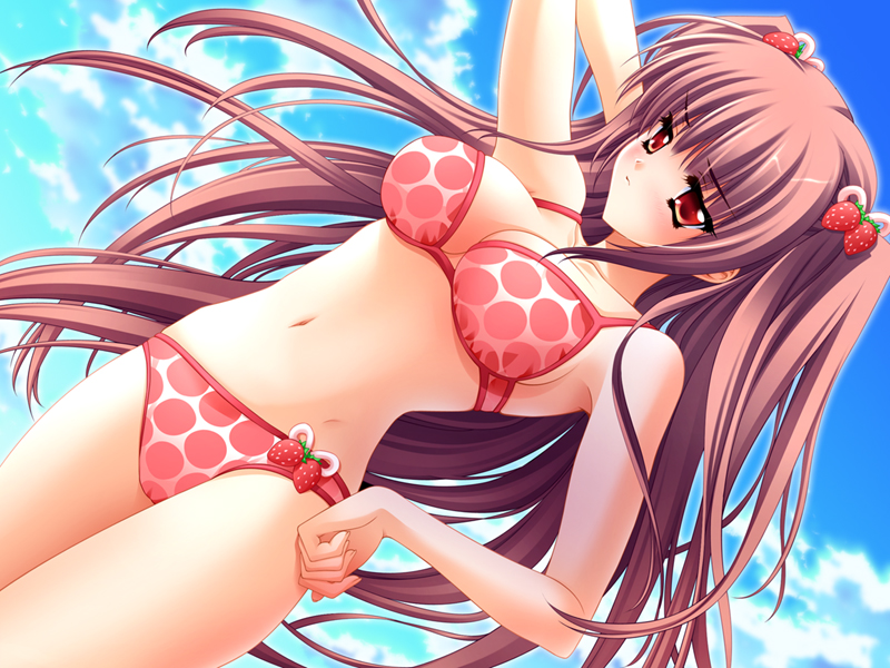 carnelian, mizutama (artist), airi (quilt), quilt (game), game cg, 1girl, bikini, blanket, blush, breasts, day, female focus, food, food-themed hair ornament, fruit, hair ornament, long hair, medium breasts, navel, pink bikini, polka dot, polka dot bikini, polka dot swimsuit, purple hair, quilt, red eyes, sky, solo, strawberry, strawberry hair ornament, swimsuit, two side up