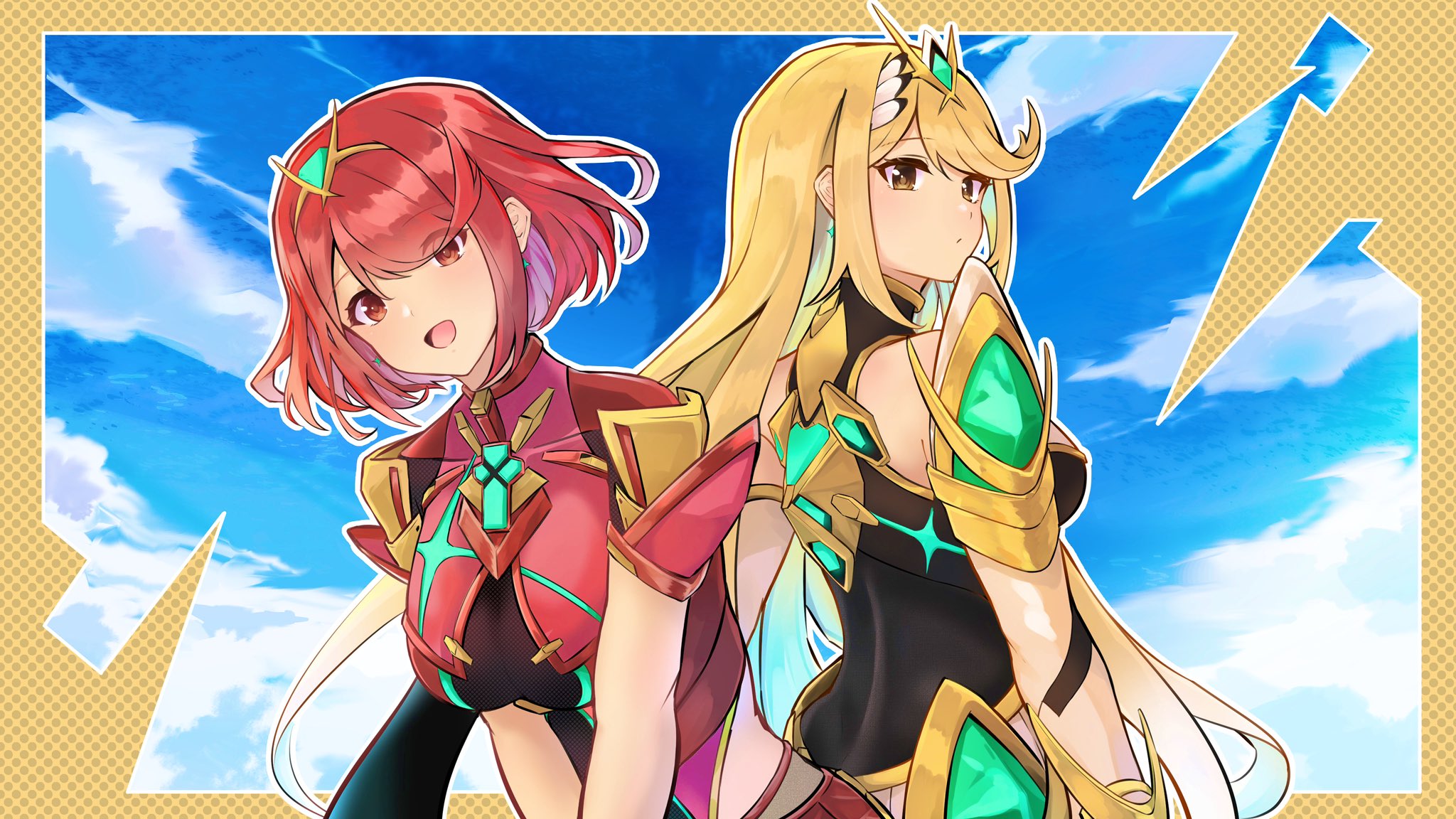 yrouumkinnoaw, mythra (massive melee) (xenoblade), mythra (xenoblade), pyra (xenoblade), nintendo, super smash bros., xenoblade chronicles (series), xenoblade chronicles 2, highres, 2girls, arm guards, armor, backless outfit, bare shoulders, blonde hair, bob cut, breasts, chest jewel, dress, earrings, elbow gloves, floating earrings, gloves, impossible clothes, jewelry, large breasts, long hair, microdress, multiple girls, neon trim, open mouth, pantyhose, pantyhose under shorts, red eyes, red hair, red shorts, short hair, short sleeves, shorts, shoulder armor, sleeveless, sleeveless dress, smile, swept bangs, thighhighs, tiara, upper body, very long hair, white dress, white gloves, yellow eyes