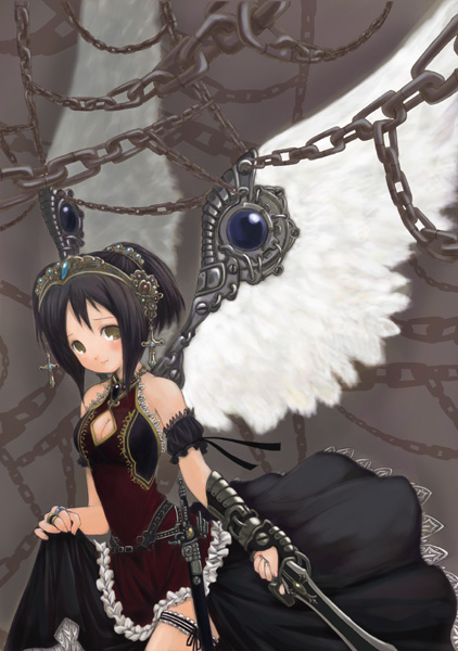 mikazukimo, angel wings, black theme, blush, brown hair, chain, ponytail, smile, solo, sword, weapon, wings