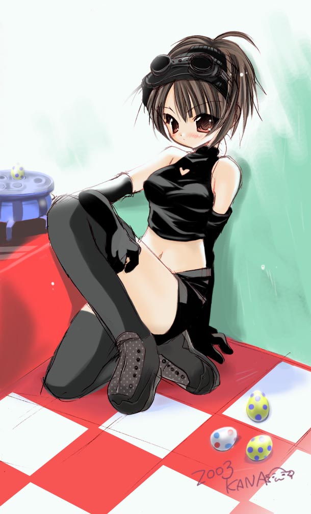 kana (artist), original, 00s, 1girl, 2003, black gloves, black thighhighs, boots, brown eyes, brown hair, clothing cutout, egg, elbow gloves, female focus, gloves, goggles, goggles on head, heart, heart cutout, looking at viewer, midriff, oekaki, ponytail, solo, thighhighs
