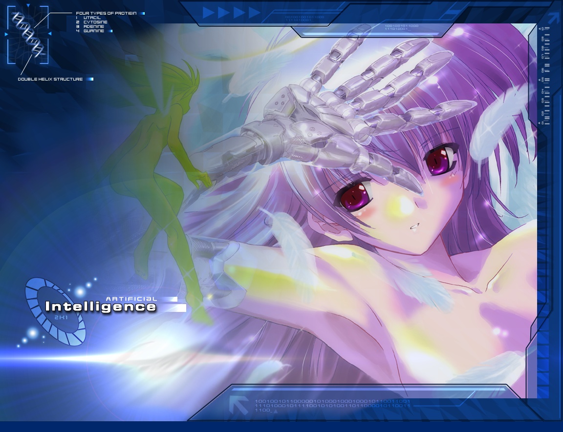 komatsu eiji, game cg, 1girl, armpits, cyborg, dna, fairy, feathers, female focus, prosthesis, purple eyes, purple hair, solo
