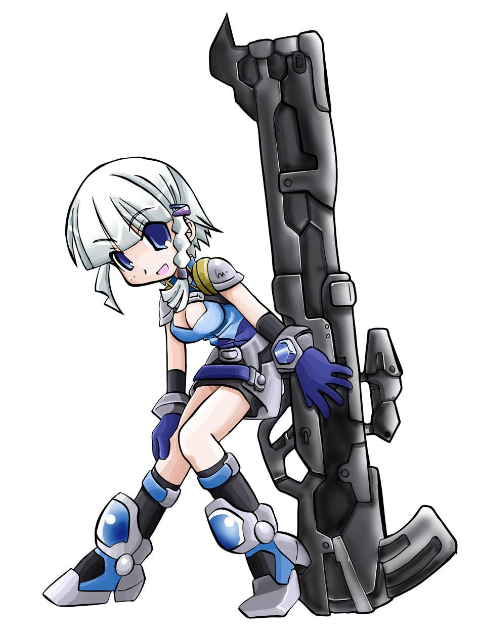 seolla schweizer, banpresto, super robot wars, highres, 1girl, armor, armored boots, blue eyes, boots, braid, breasts, cleavage, cleavage cutout, clothing cutout, faulds, female focus, full body, hair ornament, hairclip, high heels, huge weapon, leaning forward, looking at viewer, medium breasts, simple background, solo, weapon, white background, white hair