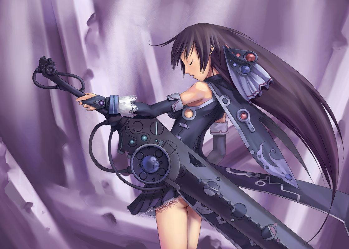 artist request, 1girl, black hair, cape, closed eyes, dress, elbow gloves, female focus, gloves, lace, long hair, mecha, robot, science fiction, solo, sword, weapon