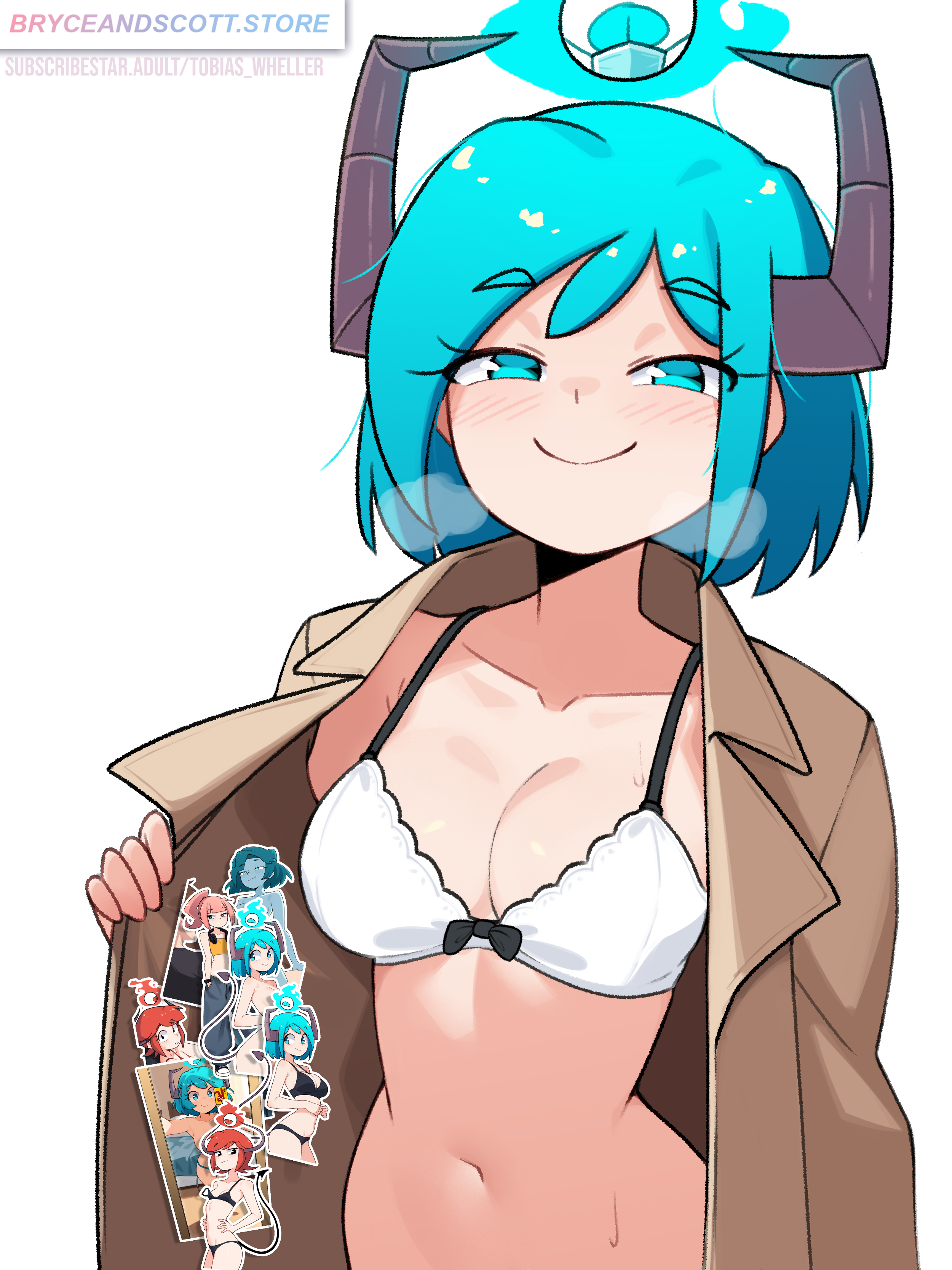tobias wheller, synn (tobias wheller), original, absurdres, commentary, english commentary, highres, 1girl, aqua eyes, aqua hair, artist name, blush, bow, bow bra, bra, breasts, breath, brown coat, cleavage, coat, collarbone, demon girl, demon horns, eyeball, horns, looking at viewer, medium breasts, navel, open clothes, open coat, short hair, simple background, smile, solo, stomach, third eye, underwear, upper body, white background, white bra