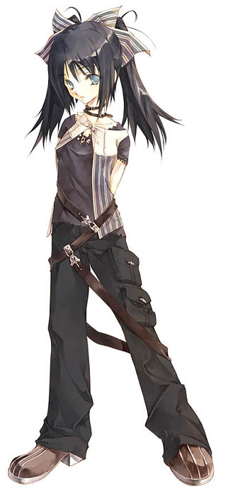 sumi keiichi, original, present pretty, 1girl, arms behind back, baggy pants, belt, belt skirt, black hair, blue eyes, boots, bow, cargo pants, choker, fashion, female focus, hair bow, pants, simple background, solo, twintails, white background