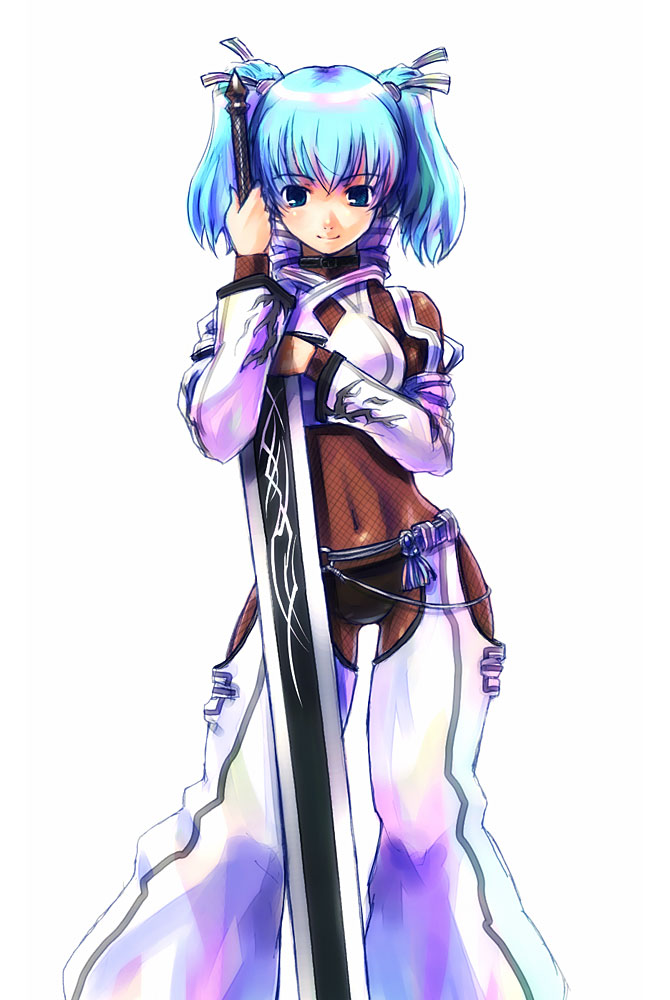 refeia, 1girl, blue eyes, blue hair, female focus, huge weapon, matching hair/eyes, navel, short hair, simple background, smile, solo, sword, twintails, weapon, white background, white theme