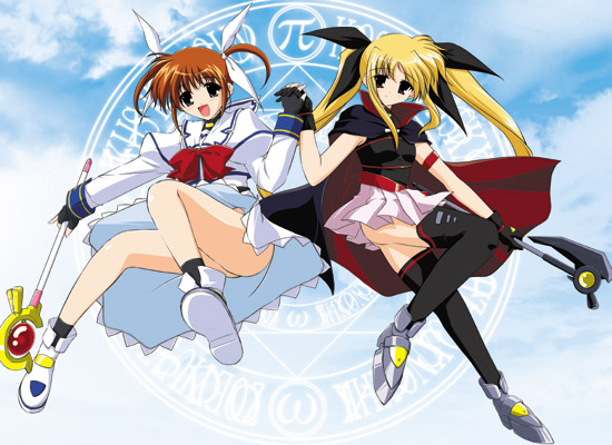 bardiche (nanoha), fate testarossa, fate testarossa (lightning form), raising heart, takamachi nanoha, lyrical nanoha, mahou shoujo lyrical nanoha, 00s, 2girls, :d, belt, blonde hair, boots, bow, brown hair, buckle, cape, fingerless gloves, gauntlets, gloves, hair bow, holding hands, interlocked fingers, long hair, magic circle, multiple girls, no panties, open mouth, red eyes, scythe, short twintails, skirt, smile, staff, thighhighs, twintails
