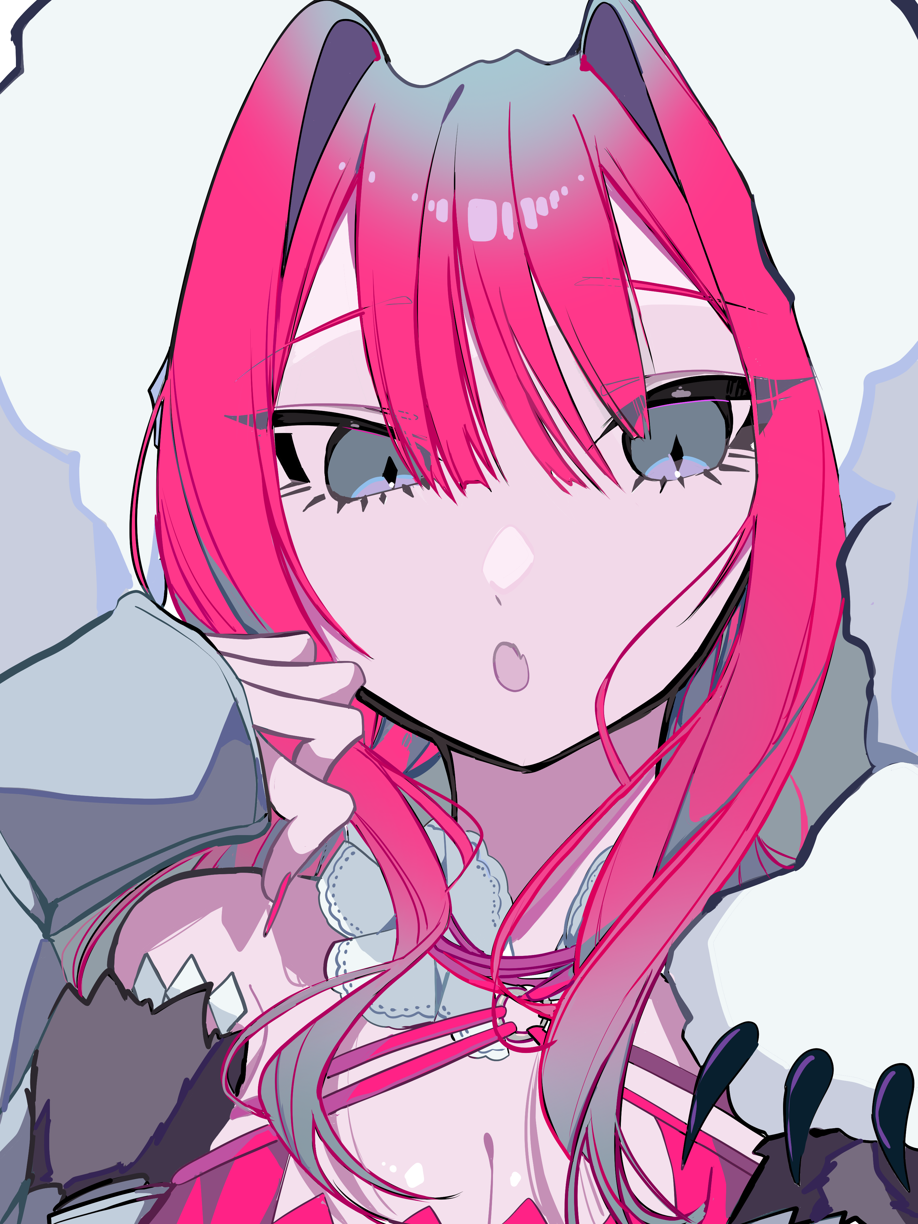 baobhan sith (fate), baobhan sith (swimsuit pretender) (first ascension) (fate), fate/grand order, fate (series), absurdres, highres, 1girl, :o, diamond-shaped pupils, diamond (shape), fur-trimmed hood, fur hood, fur trim, grey eyes, hood, hood up, long hair, pink hair, portrait, raique, solo, symbol-shaped pupils