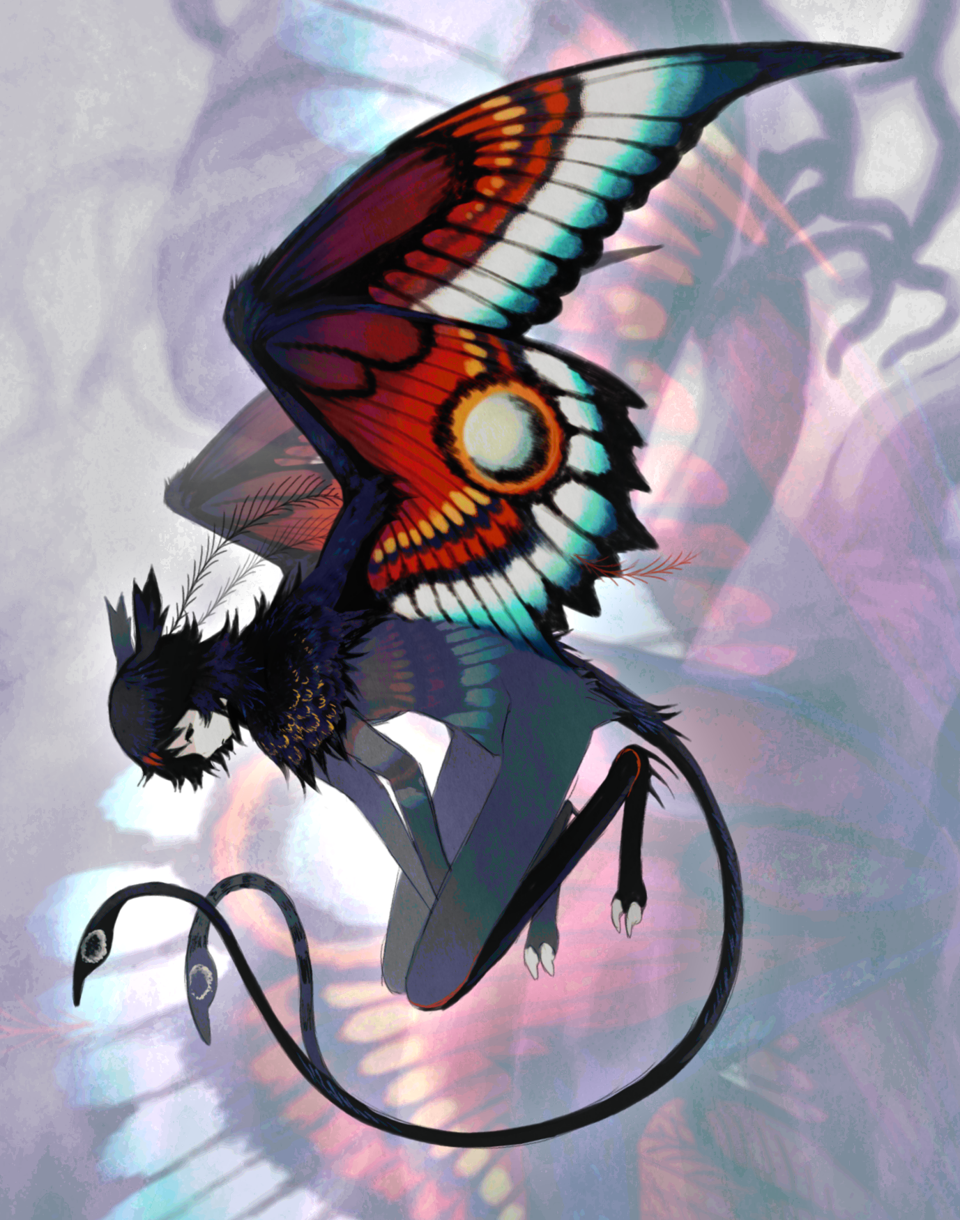 jejejunum, original, butterfly boy, highres, 1boy, abstract background, arthropod boy, black fur, black hair, black tail, black wings, blue fur, blue wings, butterfly wings, forked tail, from side, full body, insect wings, monster boy, moth boy, multicolored wings, orange wings, pest (jejejunum), red wings, short hair, solo, spread wings, tail, wings