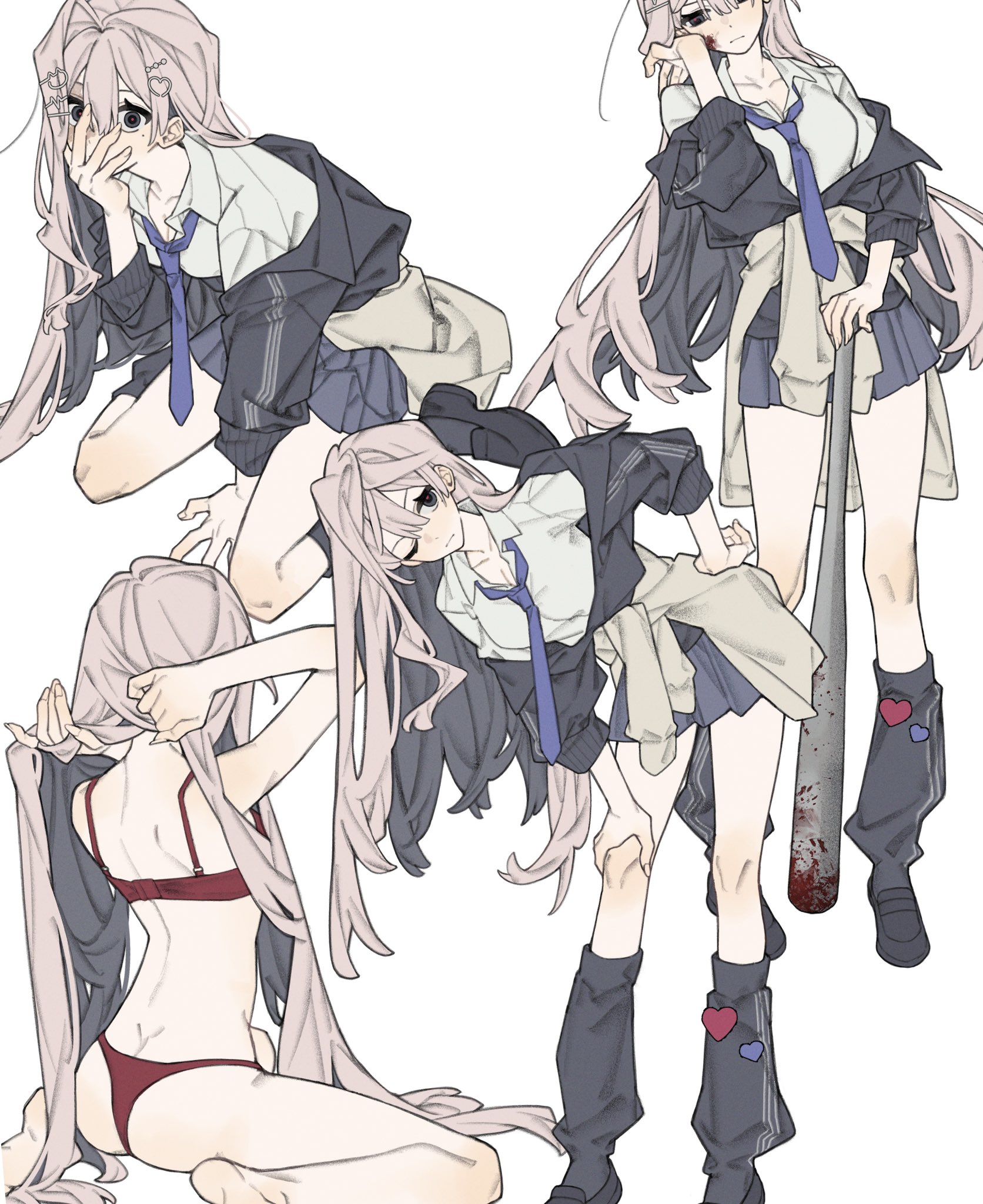 monmongng, original, 1girl, baseball bat, blood, bra, from behind, long hair, multiple views, necktie, one eye closed, panties, red bra, red panties, school uniform, sitting, standing, underwear, very long hair, wariza, white background