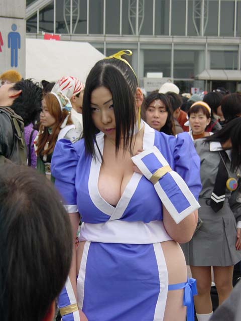 setsunakaizuki, kasumi (doa), dead or alive, tecmo, cosplay photo, photo (medium), 5girls, asian, black hair, breasts, brown hair, cleavage, cosplay, huge breasts, japanese clothes, kasumi (doa) (cosplay), large breasts, makeup, multiple girls, outdoors, panties, pantyhose, pelvic curtain, plump, school uniform, see-through clothes, see-through legwear, side-tie panties, solo focus, standing, underwear
