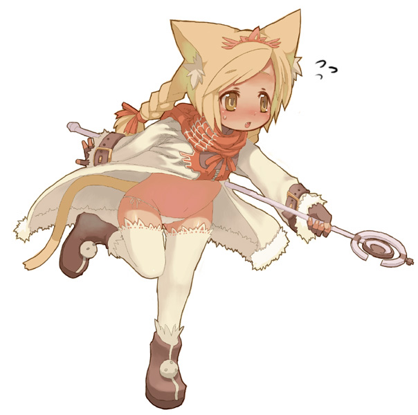rikose, original, 1girl, animal ears, blush, boots, braid, brown eyes, brown gloves, brown hair, cat ears, cat tail, dress, fang, female focus, fingerless gloves, flying sweatdrops, full body, gloves, hair ribbon, headdress, lowleg, lowleg panties, navel, open clothes, open dress, panties, red scarf, ribbon, scarf, side-tie panties, simple background, single braid, skirt, solo, staff, tail, thighhighs, tripping, underwear, wand, white background, white dress, white panties, white skirt, white thighhighs