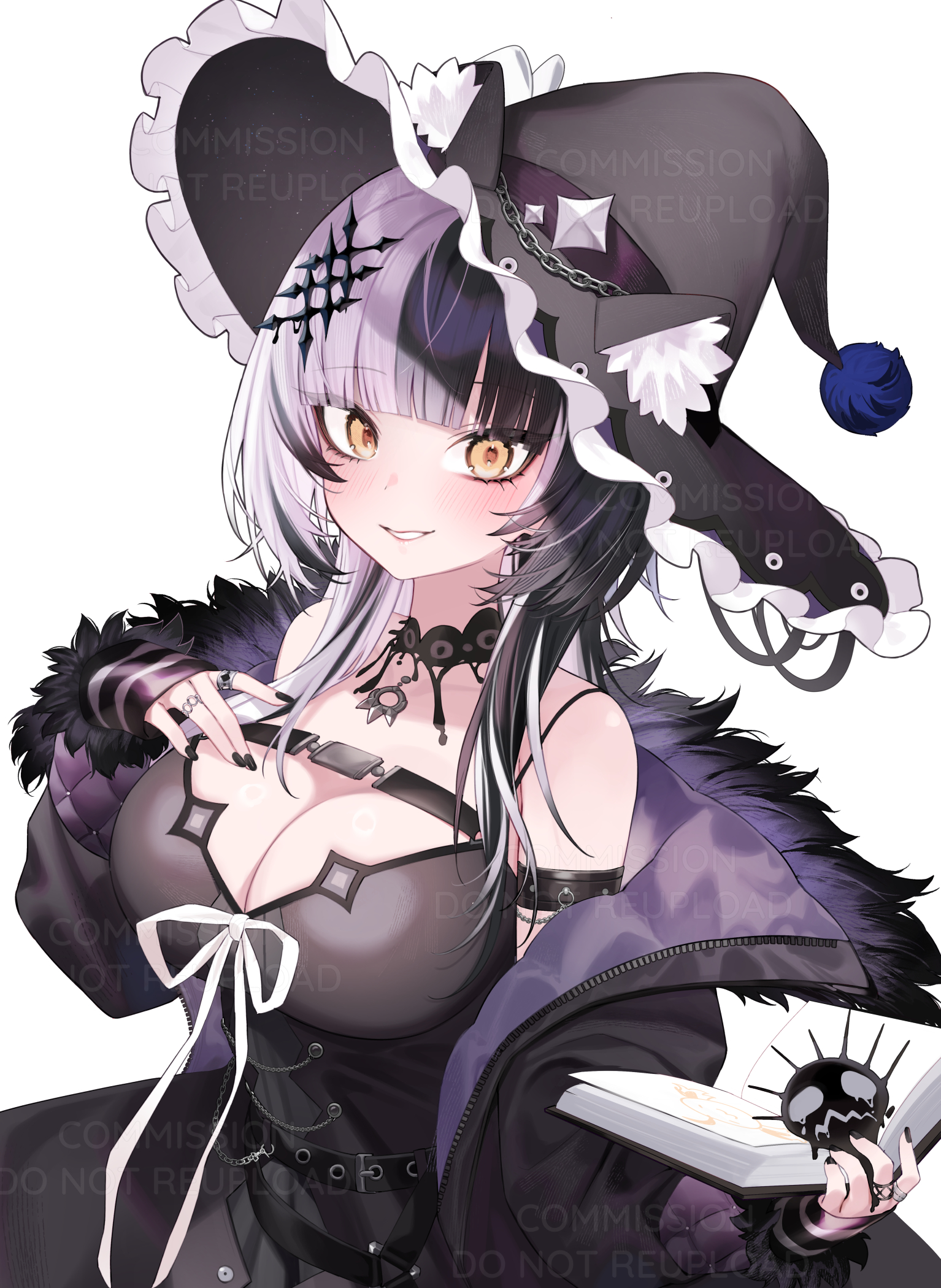 hoshi usagi, shiori novella, shiori novella (1st costume), yorick (shiori novella), hololive, hololive english, commission, highres, 1girl, animal ears, black arm warmers, black choker, black coat, black dress, black hair, black nails, book, breasts, cat ears, chest belt, choker, cleavage, coat, dress, ears through headwear, fur-trimmed coat, fur trim, gloves, grey hair, hair ornament, hat, holding, holding book, jewelry, lace, lace-trimmed choker, lace choker, lace trim, large breasts, long hair, looking at viewer, multicolored hair, pun, simple background, smile, solo, split-color hair, striped arm warmers, striped clothes, striped gloves, two-sided coat, two-sided fabric, two-tone hair, virtual youtuber, watermark, white background, witch, witch hat, yellow eyes