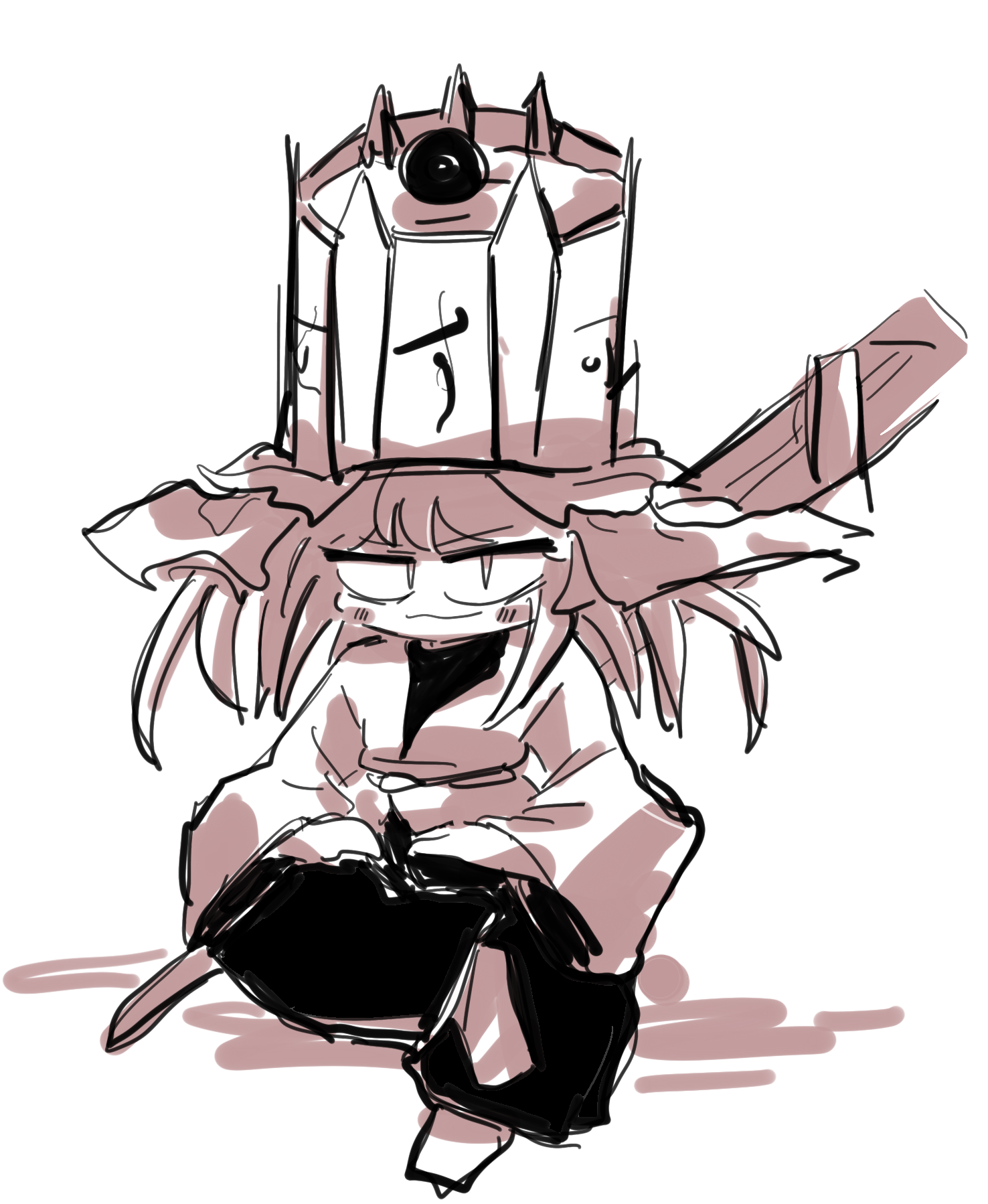 aodo mikan, ooya kunimitsu, len'en, commentary request, highres, 1other, androgynous, baggy pants, blush stickers, closed mouth, frilled headwear, full body, hands on own leg, huge weapon, invisible chair, japanese clothes, kimono, leg up, long hair, long sleeves, looking at viewer, other focus, oversized hat, pants, red theme, shadow, shirt, short kimono, simple background, sitting, sketch, smirk, smug, socks, solo, sword, sword on back, turtleneck, turtleneck shirt, veil, weapon, weapon on back, white background, wide sleeves