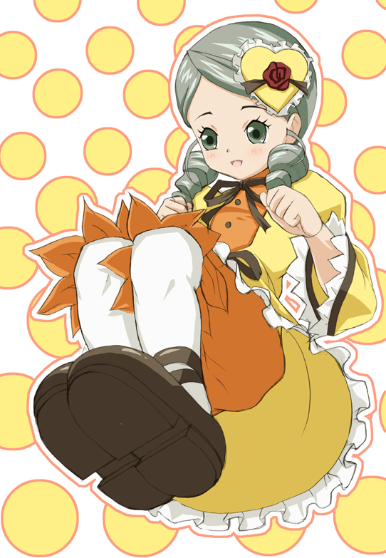 date (senpen), kanaria, rozen maiden, silver hair, 00s, 1girl, dress, drill hair, female focus, frills, green eyes, hair ornament, hairband, pantyhose, polka dot, polka dot background, solo, white background