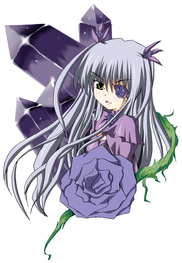 uta (utaite), barasuishou, rozen maiden, 00s, 1girl, crystal, eyepatch, female focus, flower, grey hair, long hair, plant, purple flower, purple rose, purple theme, rose, simple background, smile, solo, two side up, vines, white background, yellow eyes