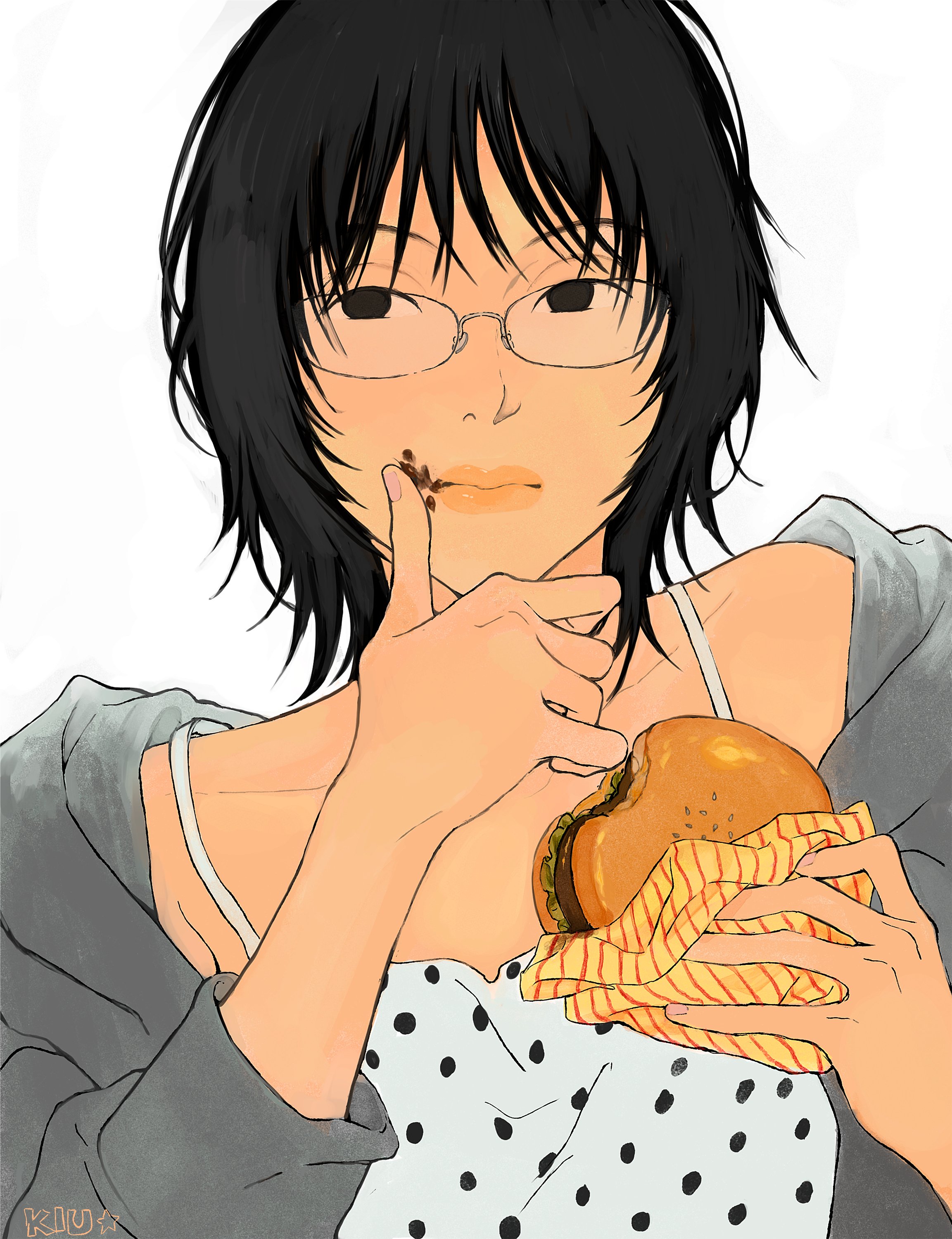 original, absurdres, highres, 1girl, artist name, black eyes, black hair, breasts, burger, camisole, closed mouth, collarbone, expressionless, food, food on face, glasses, grey jacket, hayashi kiu, holding, holding burger, holding food, hood, hood down, hooded jacket, jacket, looking to the side, polka dot, polka dot camisole, rimless eyewear, short hair, small breasts, solo, spaghetti strap, tan, unzipped, upper body, white background, white camisole, wiping face, wolf cut