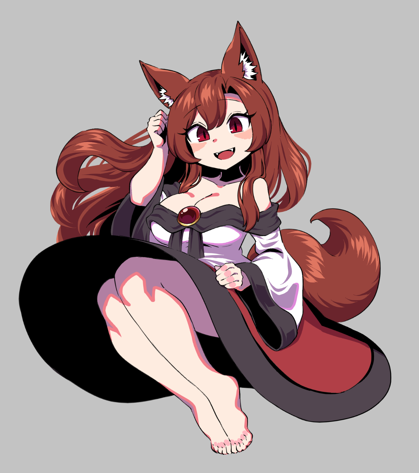 shinoda404, imaizumi kagerou, touhou, commentary request, highres, 1girl, animal ear fluff, animal ears, bare shoulders, barefoot, blush, breasts, brown hair, cleavage, clenched hands, dress, eyelashes, fangs, feet, full body, grey background, hand up, large breasts, legs together, long hair, long sleeves, midair, off-shoulder dress, off shoulder, open mouth, parted bangs, red brooch, red eyes, sidelocks, slit pupils, smile, solo, tail, teeth, toes, upper teeth only, white dress, wide sleeves, wolf ears, wolf tail