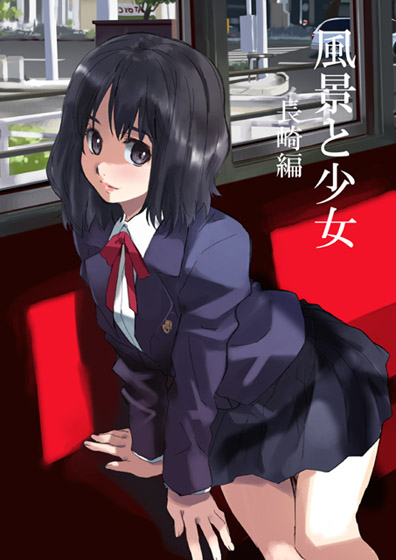 matsumoto noriyuki, original, 1girl, black eyes, black hair, blazer, female focus, jacket, leaning forward, lips, pleated skirt, school uniform, sitting, skirt, solo, train, train interior