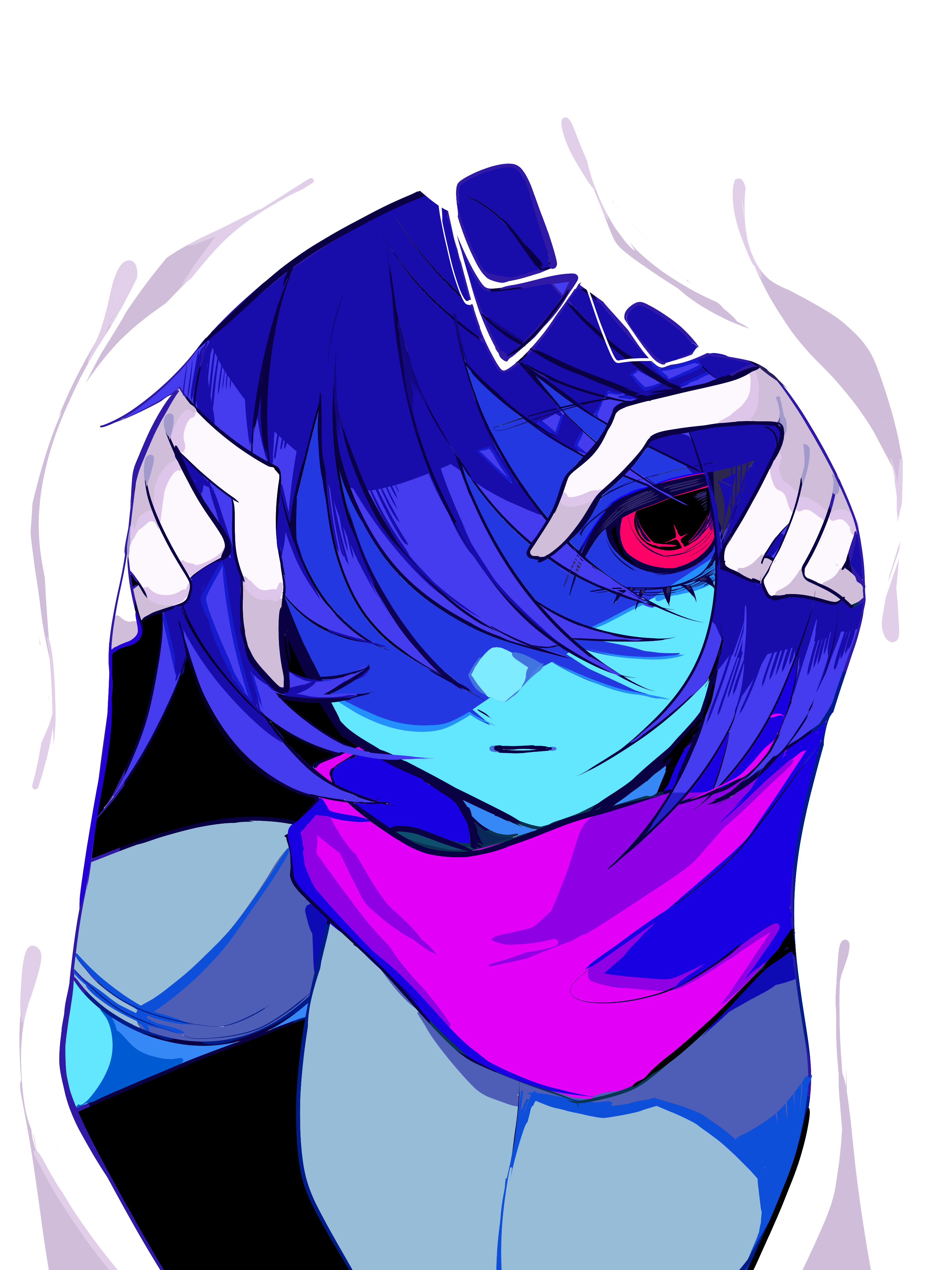 kris (dark world) (deltarune), kris (deltarune), deltarune, utdr (toby fox), absurdres, commentary request, highres, 1other, armor, blue hair, blue skin, colored skin, curtains, gloves, opening curtains, other focus, parted lips, pink scarf, raique, red eyes, scarf, short hair, solo, white gloves