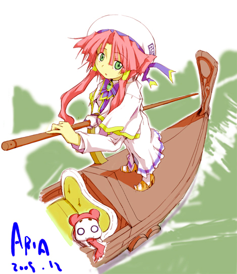 zara (corundum), aria pokoteng, mizunashi akari, aria (manga), 00s, 1girl, animal, cat, clothed animal, copyright name, female focus, from above, gondola, green eyes, hair tubes, hat, high collar, long sleeves, looking up, oar, pink hair, short hair with long locks, sidelocks, solo