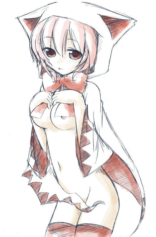 takami ryou, devout, seer, final fantasy, final fantasy iii, 1990s (style), 1girl, animal ears, animal hood, cat ears, cat hood, female focus, hood, nipples, retro artstyle, solo, thighhighs