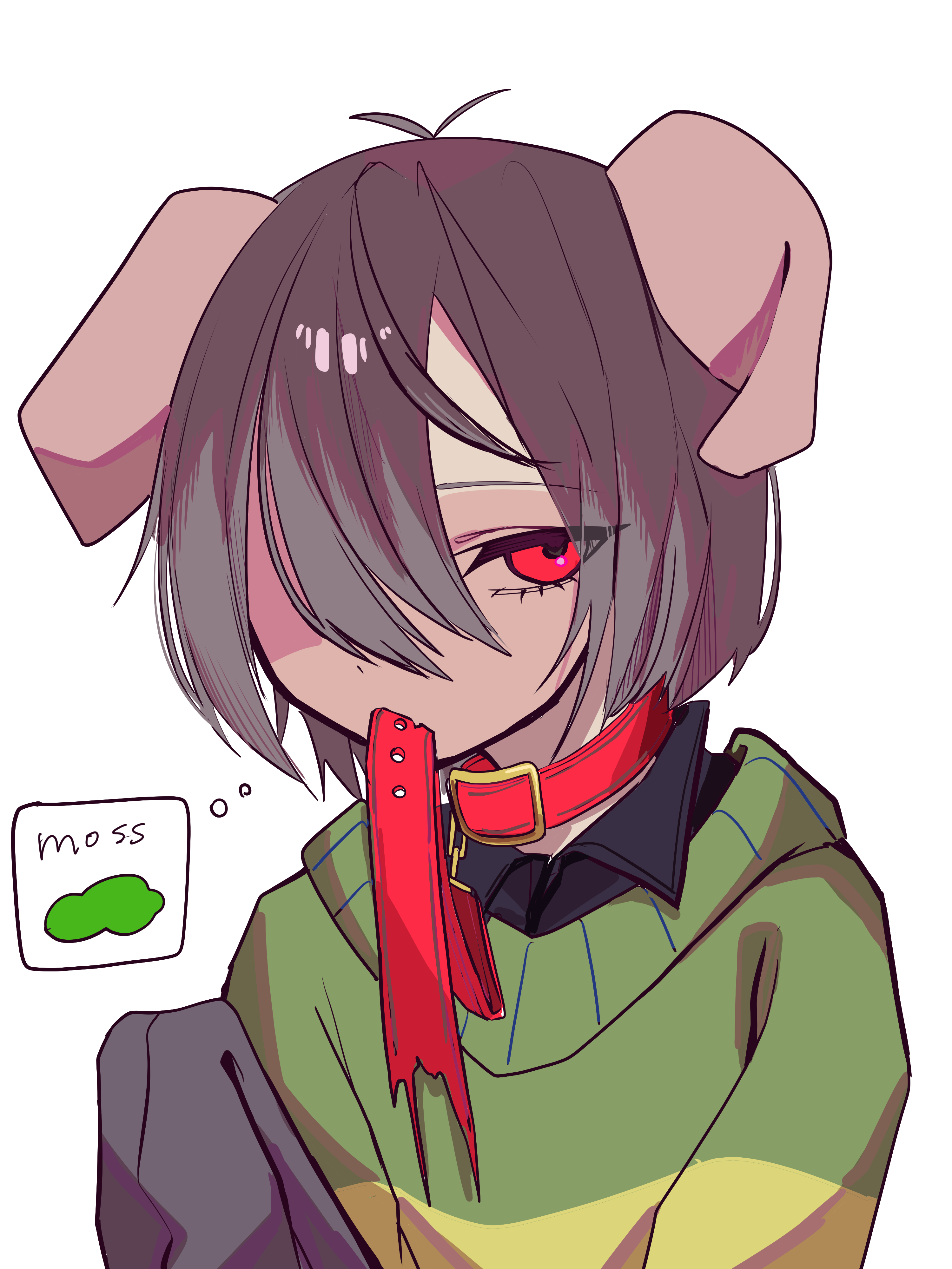 kris (deltarune), deltarune, utdr (toby fox), absurdres, commentary request, highres, animal collar, animal ears, black shirt, brown hair, collar, collared shirt, dog ears, green sweater, leash in mouth, moss, mouth hold, raique, red eyes, shirt, short hair, single horizontal stripe, sweater
