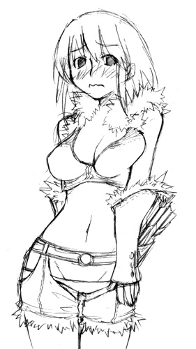 hunter (ragnarok online), ragnarok online, fur, lowres, 1girl, arm guards, arrow (projectile), belt, blush, breasts, crop top, denim, denim shorts, embarrassed, female focus, greyscale, hunter, large breasts, looking at viewer, monochrome, navel, panties, quiver, short hair, shorts, simple background, solo, tank top, underwear, wavy mouth