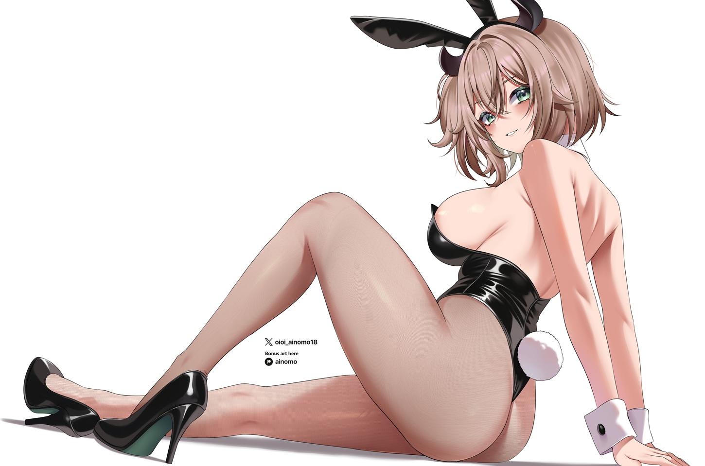 oioi ainomo, nimi nightmare, indie virtual youtuber, commentary, english commentary, paid reward available, 1girl, animal ear hairband, animal ears, ass, bare shoulders, black hairband, black leotard, black shoes, breasts, brown hair, crossed bangs, detached collar, double-parted bangs, fake animal ears, fake tail, fishnet pantyhose, fishnets, from behind, full body, green eyes, hair between eyes, hairband, high heels, highleg, highleg leotard, knee up, large breasts, leotard, looking at viewer, median furrow, one side up, pantyhose, parted lips, playboy bunny, rabbit ear hairband, rabbit ears, rabbit tail, shoes, short hair, sideboob, simple background, sitting, smile, solo, strapless, strapless leotard, tail, tapir ears, tapir girl, virtual youtuber, white background, wrist cuffs