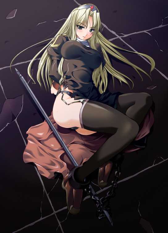 midori aoi, priest (ragnarok online), ragnarok online, 1girl, bdsm, black dress, black panties, black thighhighs, blonde hair, blue eyes, blush, bondage, bound, chain, dress, female focus, garter belt, headdress, lingerie, long hair, lying, on back, panties, pantyshot, priest, priestess, solo, thighhighs, underwear, upskirt