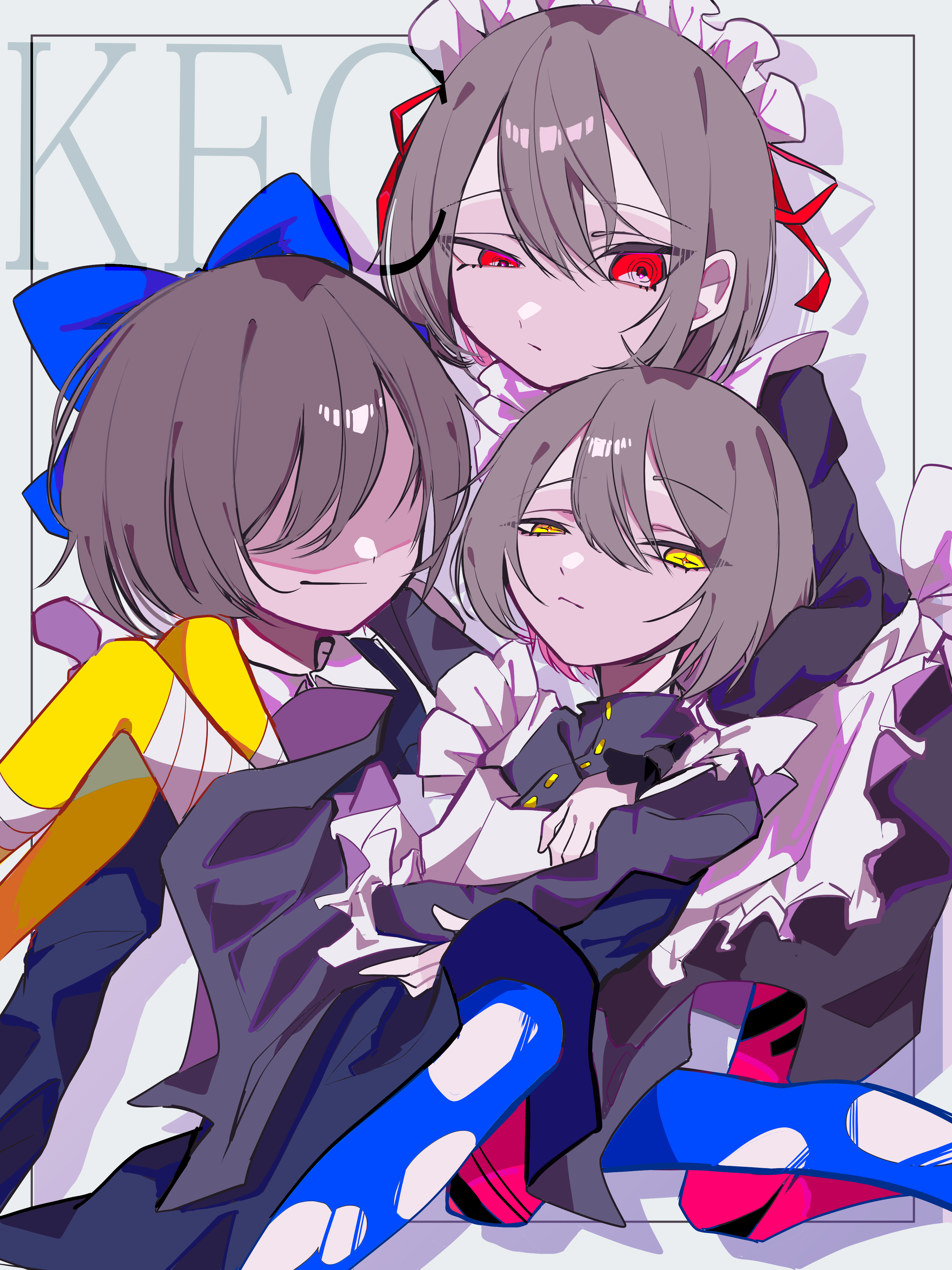 chara (undertale), frisk (undertale), kris (deltarune), deltarune, undertale, utdr (toby fox), absurdres, commentary request, highres, 3others, alternate costume, apron, black dress, blue bow, blue pantyhose, bow, brown hair, dress, enmaided, frilled apron, frills, hair bow, hair over eyes, maid, maid headdress, multiple others, pantyhose, raique, red eyes, short hair, white apron, yellow eyes, yellow pantyhose