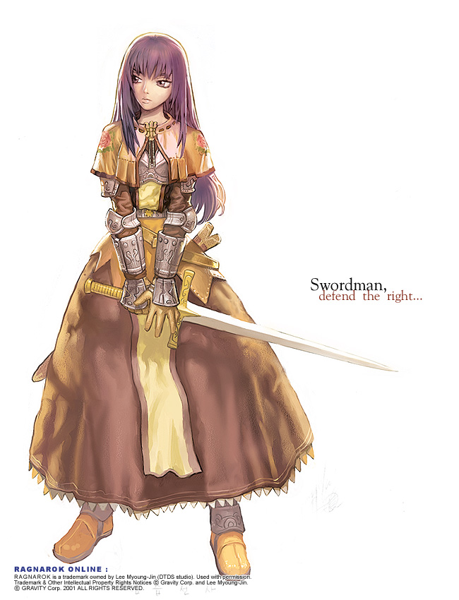 myung-jin lee, swordsman (ragnarok online), ragnarok online, official art, 1girl, armor, armored dress, belt, brown dress, capelet, character name, copyright name, dress, female focus, floral print, flower, gloves, holding, holding sword, holding weapon, long hair, purple eyes, purple hair, rose, simple background, solo, standing, sword, tabard, weapon, white background
