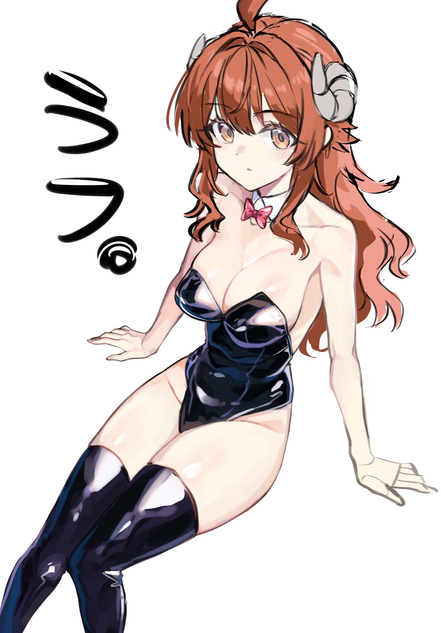narumiya (empty cafe), yoshida yuuko (machikado mazoku), machikado mazoku, commentary request, highres, 1girl, alternate costume, bare shoulders, black leotard, black thighhighs, breasts, brown horns, cleavage, curled horns, demon girl, demon horns, horns, large breasts, leotard, long hair, looking at viewer, playboy bunny, red eyes, red hair, sitting, solo, thighhighs, thighs