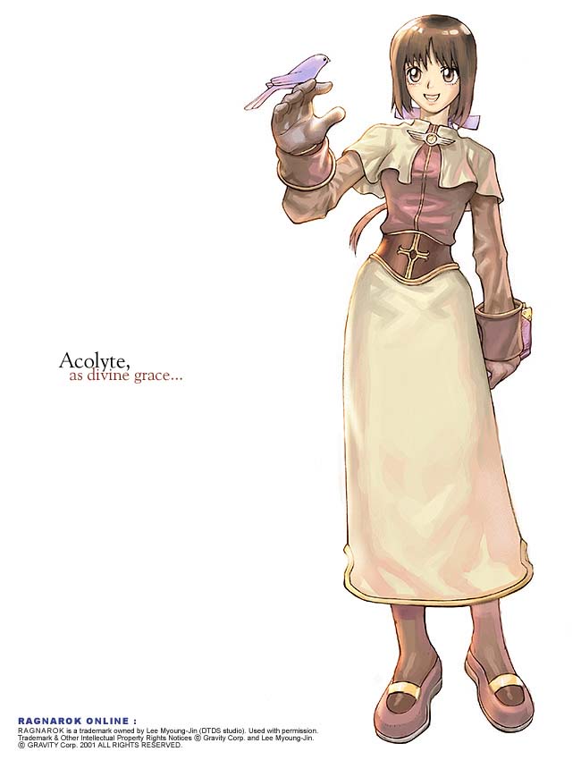 myung-jin lee, acolyte (ragnarok online), ragnarok online, official art, 1girl, bird, bird on hand, brown eyes, brown hair, capelet, copyright name, dress, english text, engrish text, female focus, full body, gloves, hair ribbon, long hair, mary janes, pantyhose, ponytail, ranguage, ribbon, shoes, simple background, solo, standing, white background