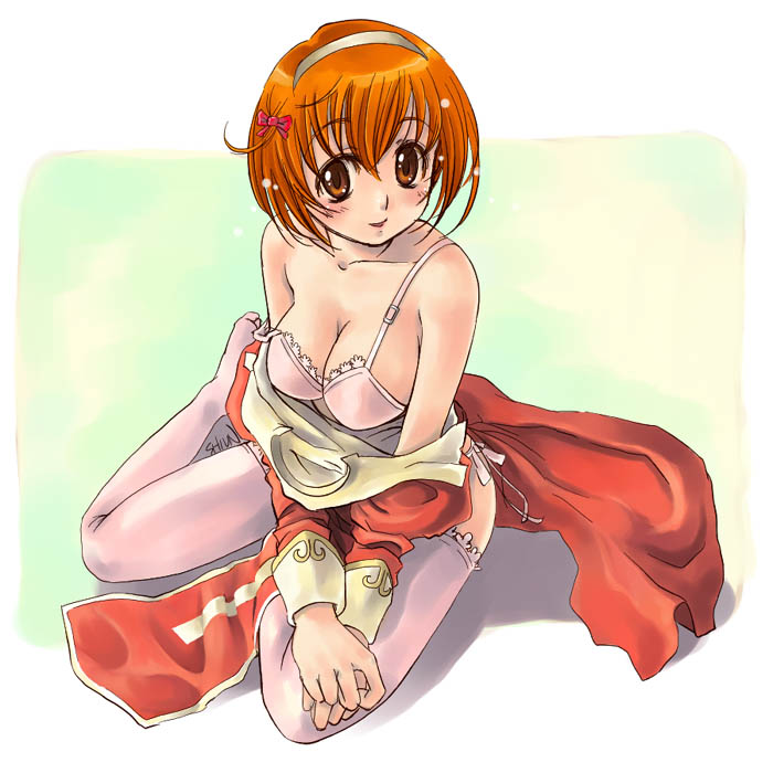 kuboshun, high priest (ragnarok online), ragnarok online, 1girl, bare shoulders, bra, breasts, brown eyes, cleavage, female focus, hairband, lingerie, orange hair, priestess, red hair, solo, strap slip, thighhighs, underwear, undressing