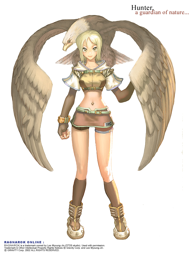 myung-jin lee, hunter (ragnarok online), ragnarok online, official art, 1girl, animal, animal on shoulder, belt, bike shorts, bird, bird on shoulder, blonde hair, boots, bracelet, brown socks, eagle, elbow gloves, female focus, fingerless gloves, full body, gloves, hunter, jewelry, kneehighs, legs, midriff, navel, navel piercing, piercing, short hair, simple background, skirt, smile, socks, solo, standing, strap, yellow eyes