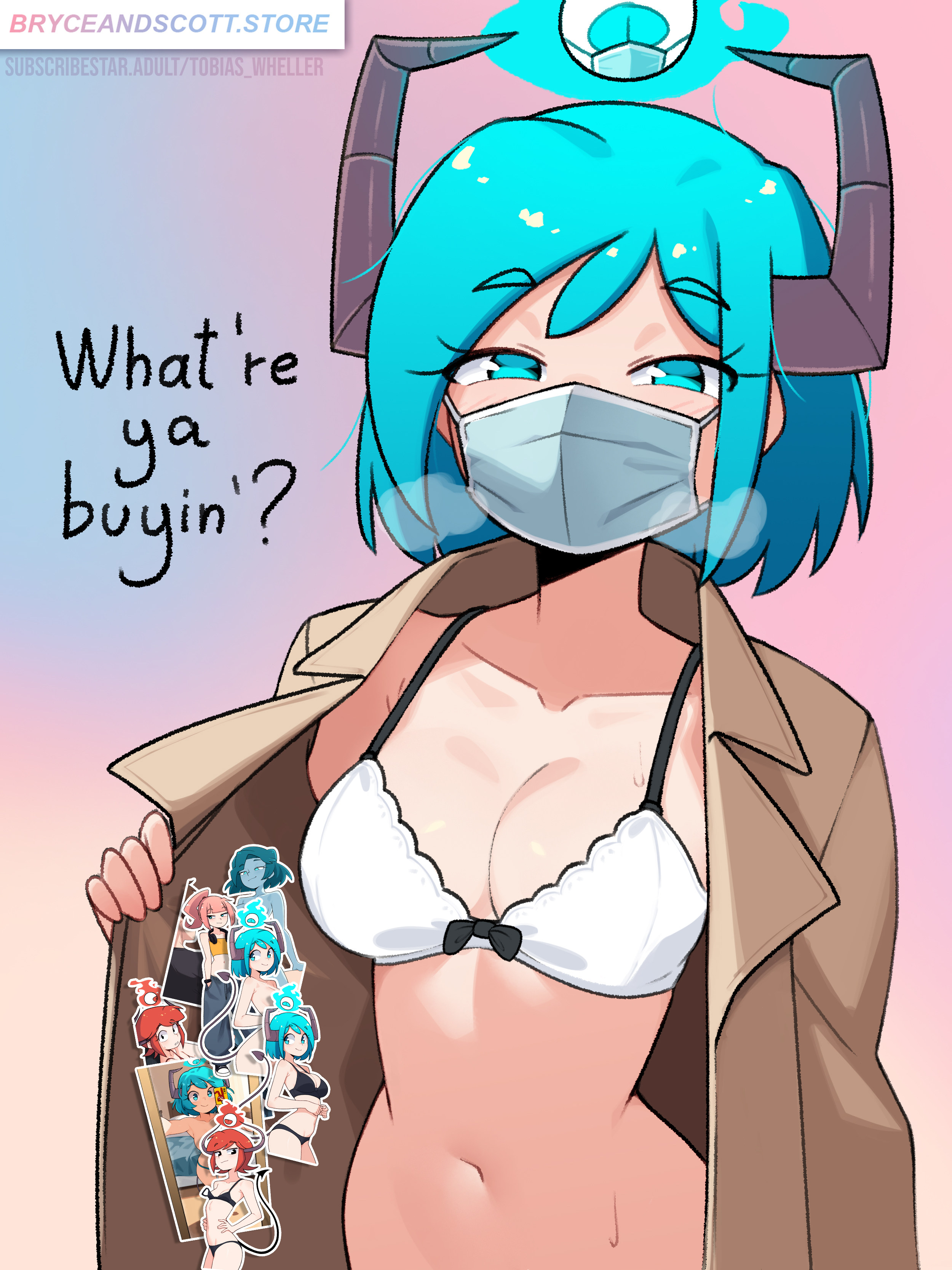 tobias wheller, synn (tobias wheller), original, absurdres, commentary, english commentary, highres, 1girl, aqua eyes, aqua hair, artist name, bow, bow bra, bra, breasts, breath, brown coat, cleavage, coat, collarbone, demon girl, demon horns, english text, eyeball, horns, looking at viewer, mask, medium breasts, mouth mask, navel, open clothes, open coat, short hair, simple background, solo, stomach, surgical mask, third eye, underwear, upper body, white bra