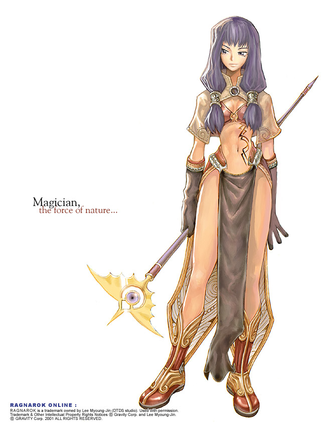 myung-jin lee, mage (ragnarok online), ragnarok online, official art, 1girl, blue eyes, blue hair, boots, breasts, capelet, cleavage, elbow gloves, female focus, full body, gloves, loincloth, long hair, long loincloth, magician, matching hair/eyes, medium breasts, midriff, navel, pelvic curtain, simple background, smirk, solo, staff, standing, tattoo