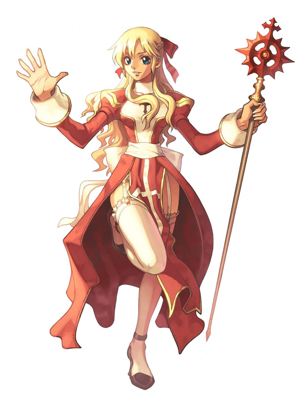 myung-jin lee, high priest (ragnarok online), ragnarok online, official art, 1girl, blonde hair, bow, braid, female focus, frilled thighhighs, frills, garter belt, green eyes, hair bow, hair ribbon, lingerie, long hair, pelvic curtain, ribbon, simple background, solo, staff, thighhighs, underwear, waving, white thighhighs