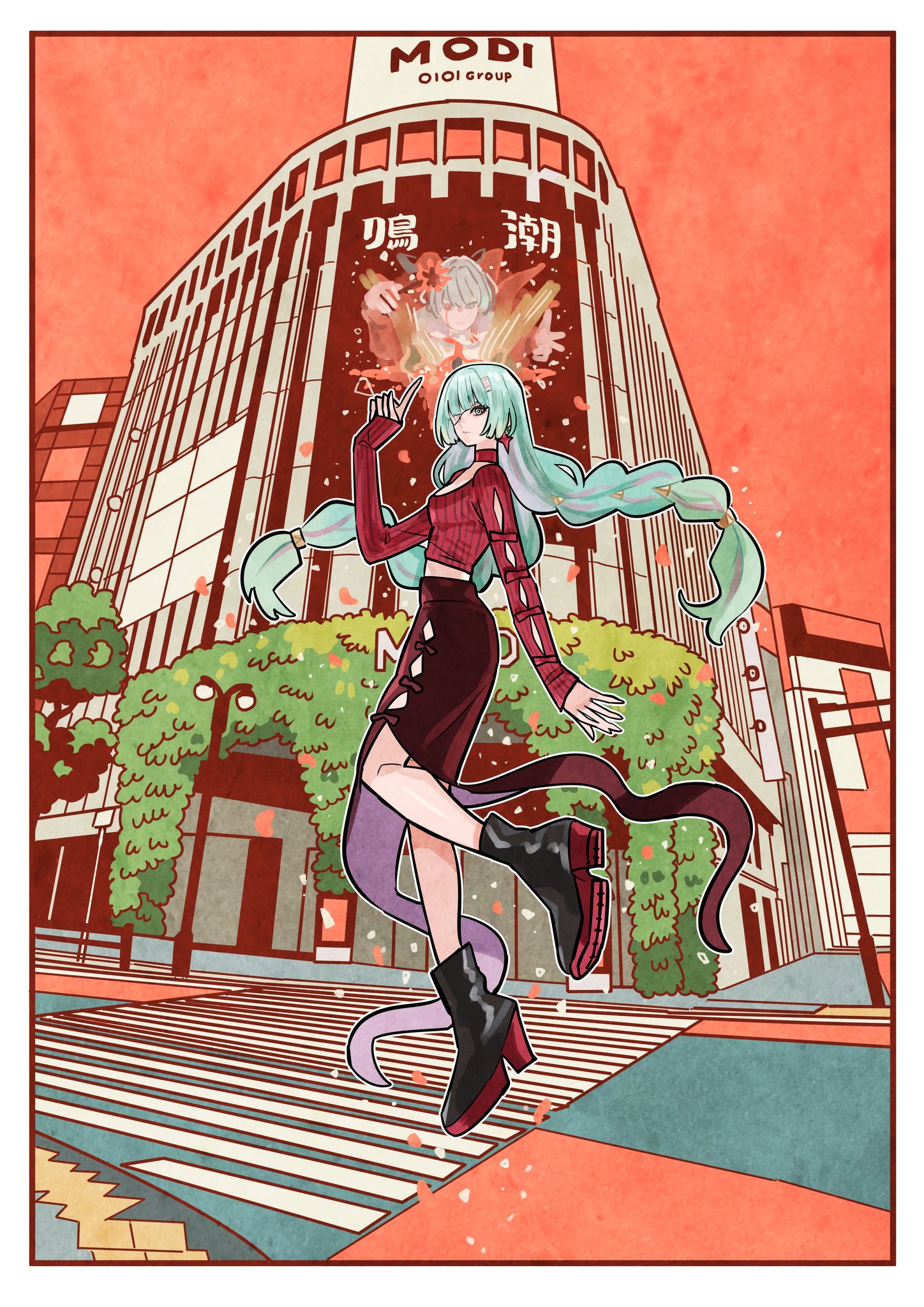 takeuchi ryousuke, phrolova (wuthering waves), wuthering waves, commentary request, highres, 1girl, ankle boots, bandaid on eye, black boots, blunt bangs, boots, braid, breasts, choker, cleavage, crosswalk, earrings, eyelashes, from side, full body, green hair, high-waist skirt, hime cut, jewelry, long hair, long skirt, long sleeves, looking at viewer, looking to the side, low twin braids, multicolored hair, outdoors, pink hair, red choker, red skirt, red sweater, ribbed sweater, road, shibuya (tokyo), sidewalk, skirt, sleeves past wrists, solo, star (symbol), star earrings, streaked hair, street, sweater, tokyo (city), twin braids, vegetation, very long hair