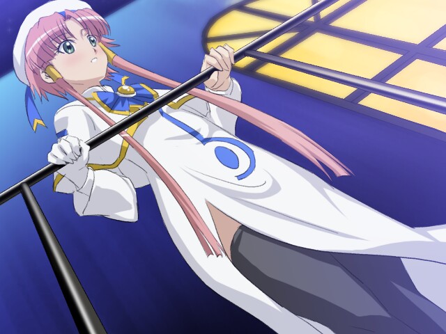 sanshita, mizunashi akari, aria (manga), 00s, 1girl, black thighhighs, blush, bow, bowtie, capelet, dress, dutch angle, female focus, gem, gloves, green eyes, grey eyes, hair tubes, hat, high collar, jewelry, long hair, night, pink hair, railing, short hair with long locks, side slit, sidelocks, single glove, smile, solo, thighhighs, white dress, window