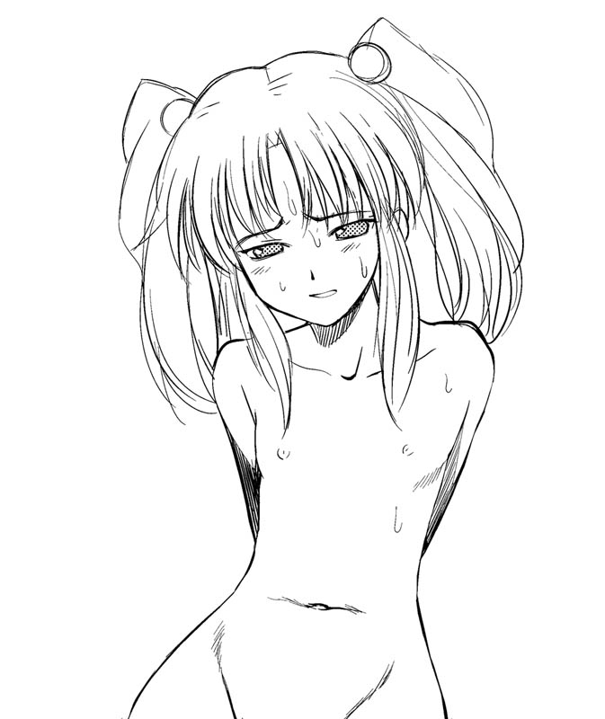 a1 (initial-g), hoshino ruri, kidou senkan nadesico, 1girl, clenched teeth, female focus, greyscale, loli, monochrome, simple background, solo, teeth, white background