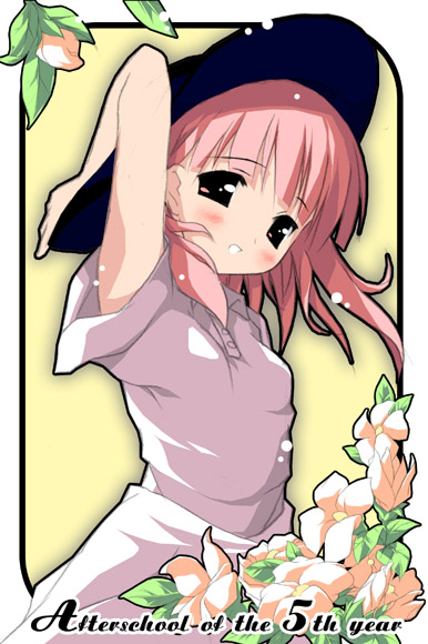 kantoku, kiriyama sakura, sakura musubi, 1girl, arm behind head, arm up, armpits, blunt bangs, blush, border, buttons, dress, english text, female focus, flat chest, flower, grin, hat, leaf, long hair, looking at viewer, pink eyes, pink hair, profile, sidelocks, simple background, smile, solo, sun hat, sundress, upper body
