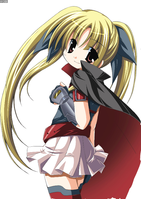 ogawa shizuka, fate testarossa, fate testarossa (lightning form), lyrical nanoha, mahou shoujo lyrical nanoha, 00s, 1girl, arm belt, arm guards, belt, belt skirt, blonde hair, bow, brown eyes, cape, cloak, female focus, gloves, hair bow, hair ribbon, head tilt, light smile, long hair, miniskirt, pleated skirt, red eyes, ribbon, skirt, smile, solo, thighhighs, twintails, white skirt, zettai ryouiki