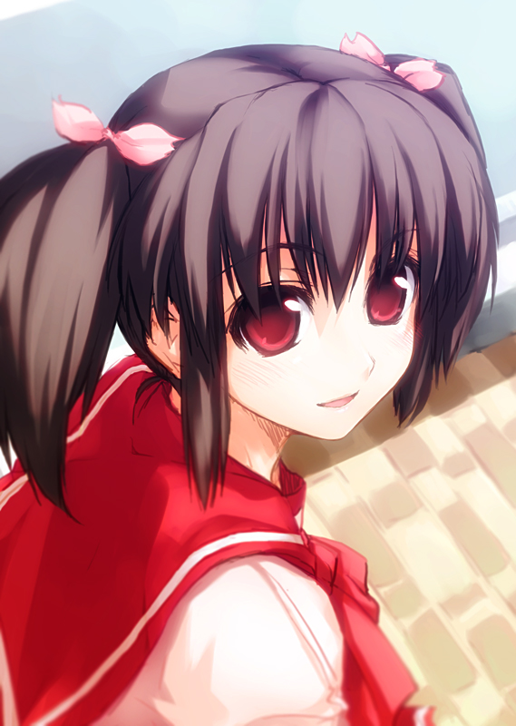 puyo (puyotopia), yuzuhara konomi, to heart (series), to heart 2, 00s, 1girl, brown hair, cobblestone, female focus, hair ribbon, looking at viewer, open mouth, outdoors, red eyes, ribbon, road, school uniform, serafuku, short hair, smile, solo, street, twintails, upper body