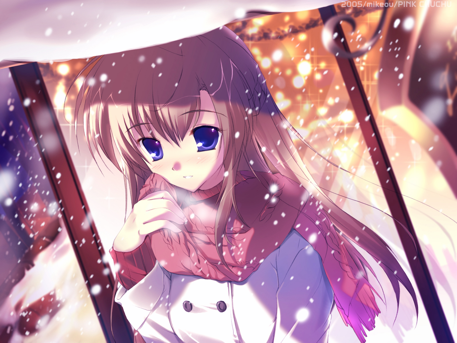 mikeou, original, highres, 00s, 1girl, 2005, blonde hair, blue eyes, christmas, female focus, long hair, scarf, snow, snowing, solo