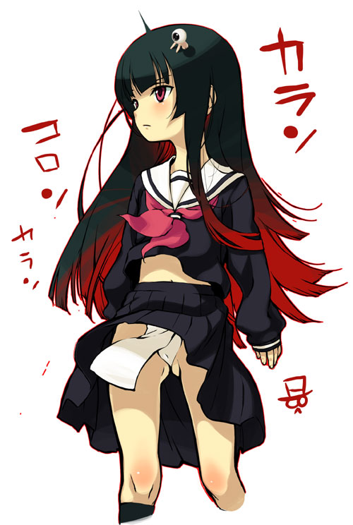 oshare kyoushitsu, enma ai, jigoku shoujo, 00s, 1girl, black hair, black serafuku, blunt bangs, female focus, fundoshi, gradient hair, hime cut, japanese clothes, long hair, multicolored hair, pleated skirt, red eyes, school uniform, serafuku, skirt, solo