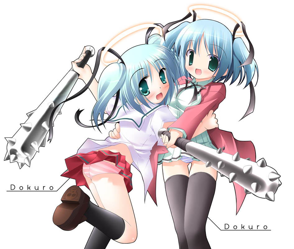 inuneko, kagura yuuki, mitsukai dokuro, bokusatsu tenshi dokuro-chan, artist collaboration, 00s, 2girls, black socks, black thighhighs, blouse, blue hair, blue panties, blush, bow, club, club (weapon), coat, dual persona, escaliborg, excalibolg, green eyes, halo, hug, kanabou, kneehighs, miniskirt, multiple girls, panties, pantyshot, pink panties, ribbon, school uniform, serafuku, shirt, shoes, short hair, short twintails, skirt, smile, socks, spiked club, standing, striped clothes, striped panties, thigh gap, thighhighs, thighs, time paradox, traditional halo, twintails, underwear, upskirt, weapon