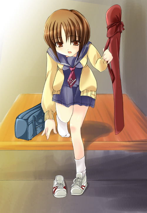 setins, kashiwaba tomoe, rozen maiden, 00s, 1girl, bag, blue sailor collar, brown eyes, brown hair, cardigan, female focus, long sleeves, necktie, sailor collar, school bag, school uniform, serafuku, shoes, short hair, single shoe, skirt, sneakers, socks, solo, weapon bag, white socks